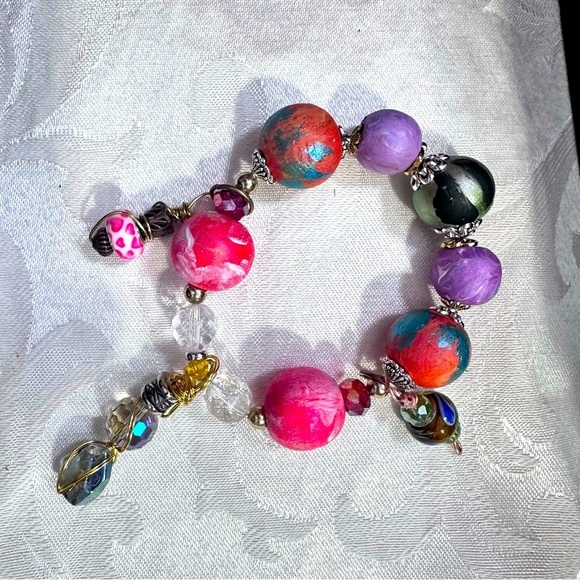 Handmade one-of-a-kind hand painted bracelet with charms ethnic tribal boho 3130 - Picture 3 of 9
